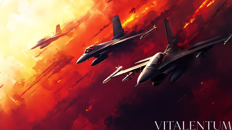 Military jet fighters dive through intense fiery sky.