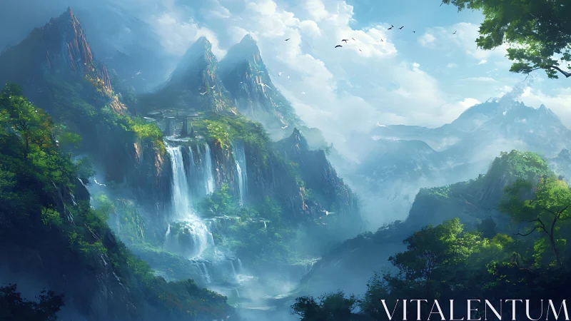 Mountain landscape shows tiered waterfalls amid dense foliage