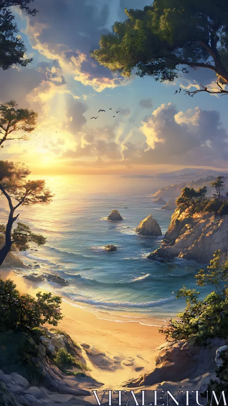 Coastal inlet with sunset light over water and cliffs.