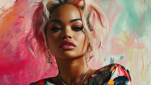 Digital portrait of glam female figure against abstract chromatic field