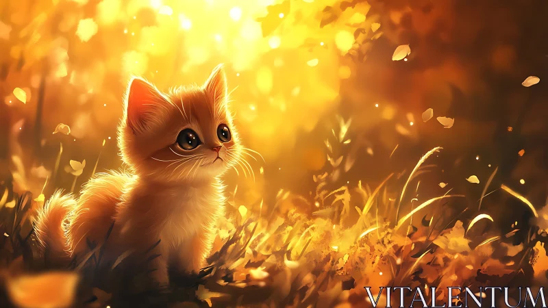 Kitten in Golden Autumn Field with Warm Bokeh Lighting