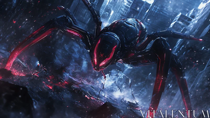 Cybernetic spider stalks ruined futuristic city street
