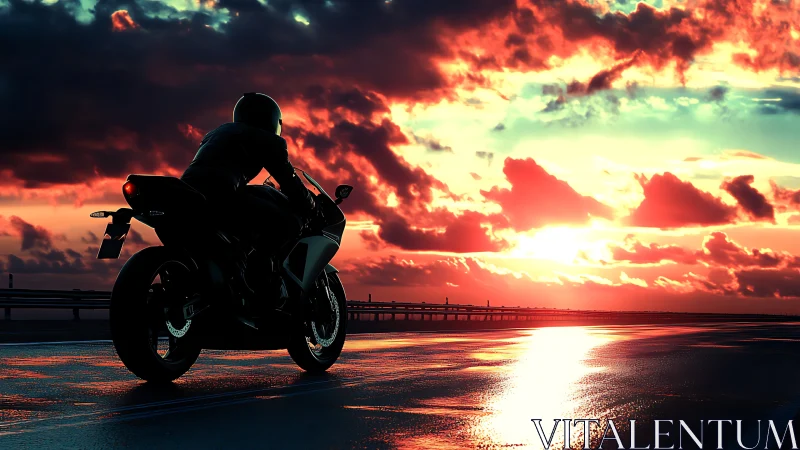 Sunset highway rider silhouetted on reflective wet asphalt.