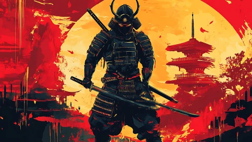 Armored samurai stands before stylized sun and pagoda