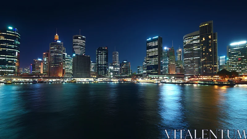 High-rise waterfront skyline under long-exposure nocturnal illumination