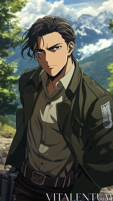 Stoic anime soldier stands against calm mountain horizon