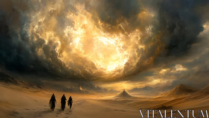 Desert pilgrims cross dunes beneath vast burning storm sky.