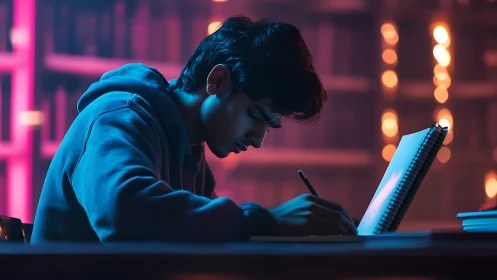 Side-lit student writing in notebook under neon bokeh library lights