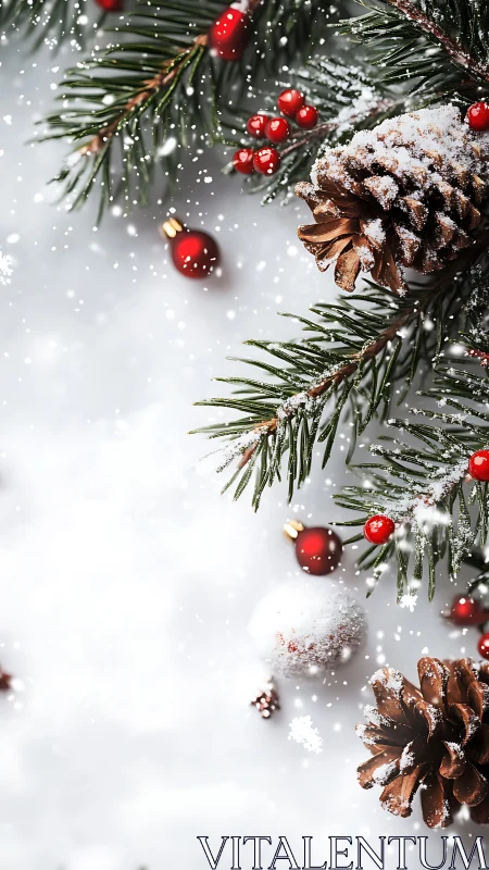 Snow-kissed pinecones and crimson berries in winter hush.