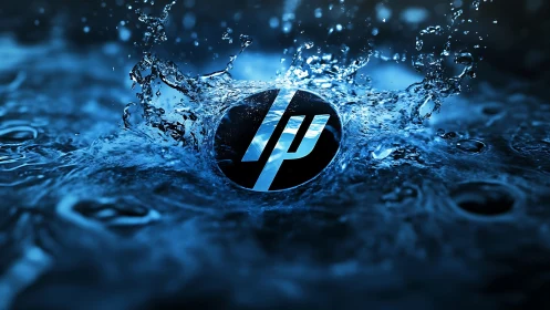 Sleek tech emblem plunging into vivid electric water splash.