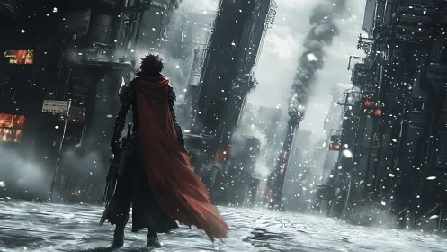 Lone warrior in snowbound industrial ruin, crimson cloak billows.