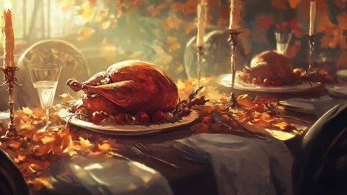 Roast turkey glows under candlelit autumn feast decor.