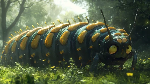 Grotesque forest caterpillar lumbers through hazy green light.