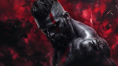 Digital painting of war-marked warrior in crimson motion field.