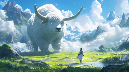 Colossal cloud-beast pauses to greet a lone mountain wanderer