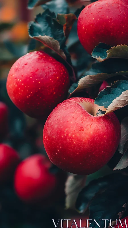 Morning dew on ripe red apples in a cozy garden orchard.