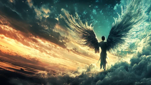 Winged figure above clouds at vivid divided sky.