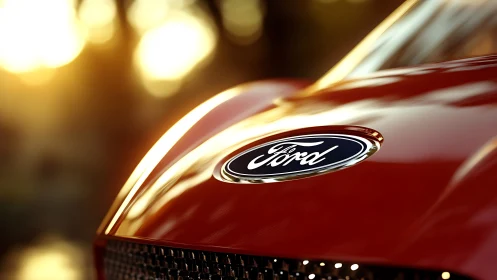 Ford emblem crowns glossy red hood in sunset glow.