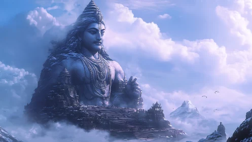 Mountain temple beneath a serene celestial guardian.