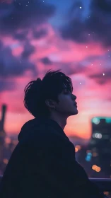 Silhouetted urban dreamer under chromatic twilight gradient.