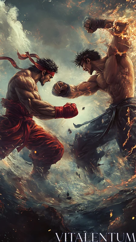 Two muscular fighters confront each other amid swirling elements