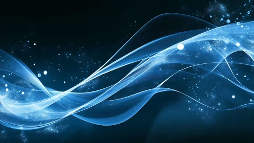 Flowing blue light waves drifting through a starry night.