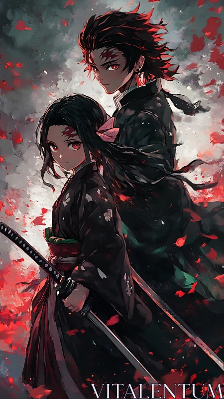 Twin demon slayers amid crimson storm of falling petals.