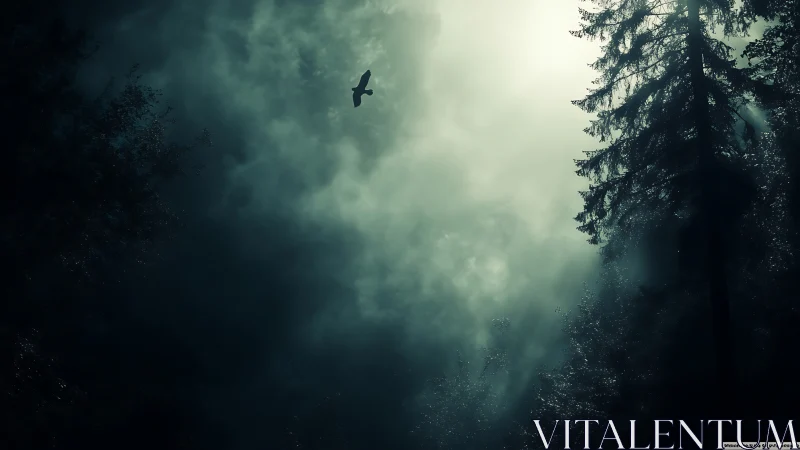 Solitary bird circles misty forest canopy under moody light