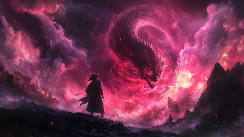 Lone warrior confronts colossal crimson storm dragon