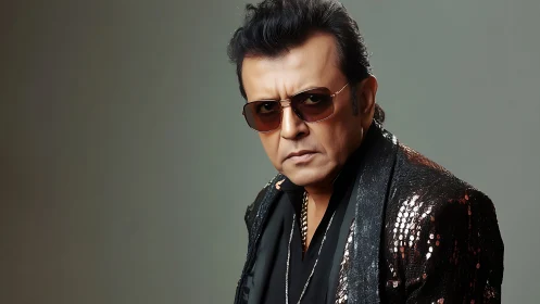 Stylish middle‑aged man poses in sequined black jacket.