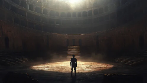 Lonely figure stands in vast ancient arena under light.