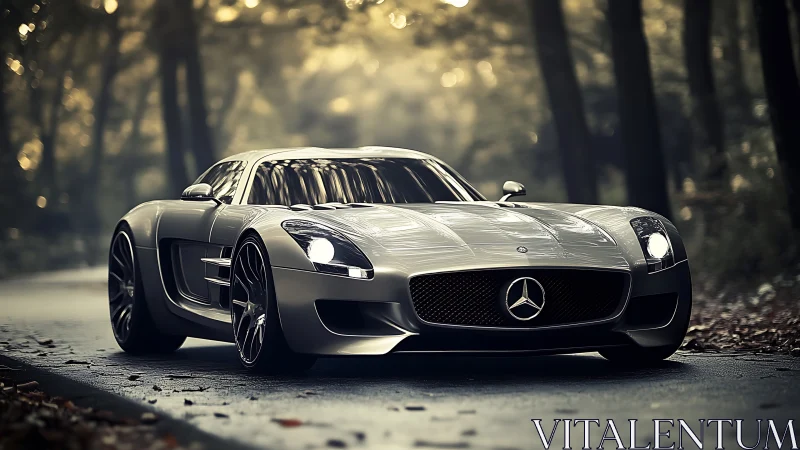 Silver Mercedes sports car parked on wet forest road.