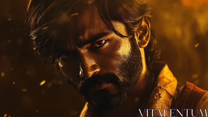 Intense bearded hero framed in glowing golden light.
