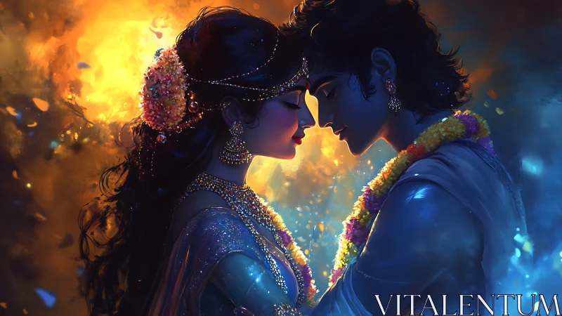 Radiant Encounter: Ornamental Bride and Groom in Golden Light.