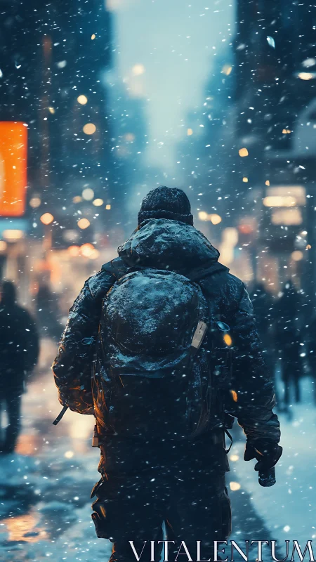 Solitary equipped traveler advances through dense urban snowfall