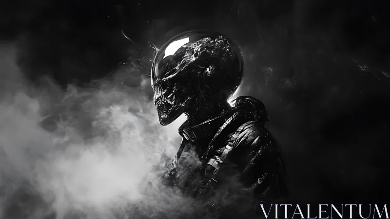 Skull-headed astronaut figure stands in dense surrounding smoke