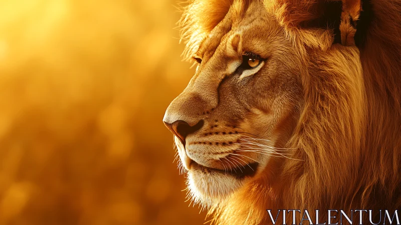 Golden side profile of a male lion in warm sunlight.