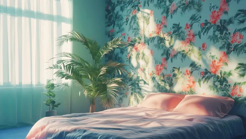 Sunlit tropical bedroom with pastel bedding and floral wall