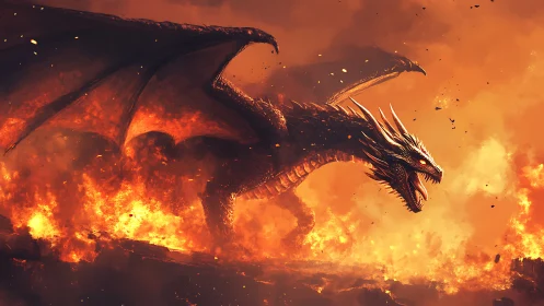 Fire-breathing dragon storms a blazing battlefield in rage.