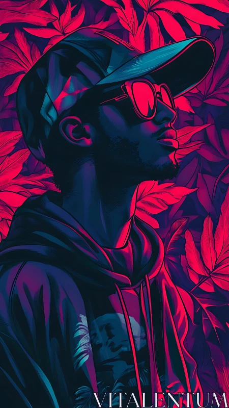 Neon-lit portrait of a hooded figure amid bold tropical leaves.