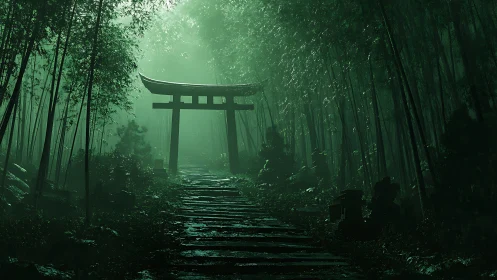 Emerald torii gate guarding a mist-veiled bamboo pathway.