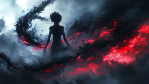 Shadowed figure commands swirling red and black storm.