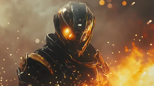 Armored robotic figure stands amid intense surrounding flames