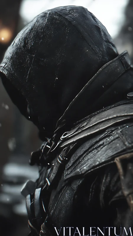 Hooded rogue stands in wet leather armor under snowfall