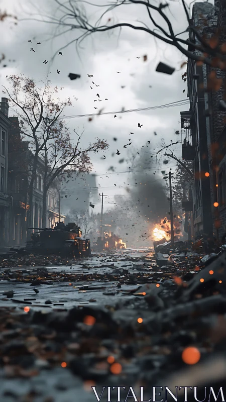 War-damaged city street shows burning wreckage and smoke