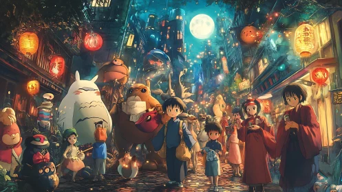 Crowded lantern street depicts humans and creatures at night