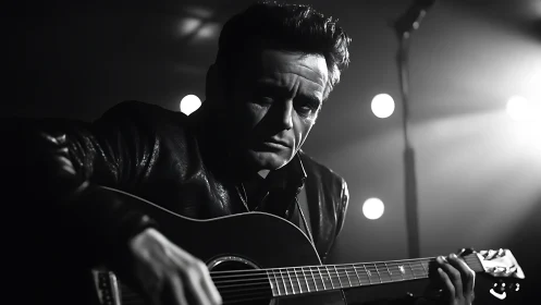 Monochrome close-up of guitarist on dimly lit concert stage