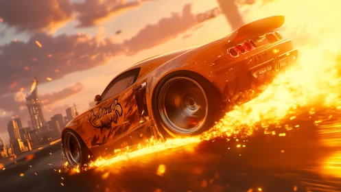 Sunset street racer carving fiery trails through the city.