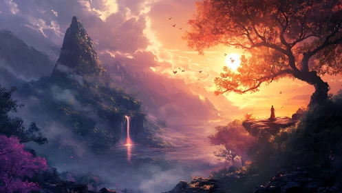 Sunlit cliffs and misty mountains in a dreamlike valley.