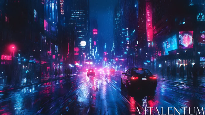 Neon-lit cyberpunk avenue rendered in rain-soaked perspective